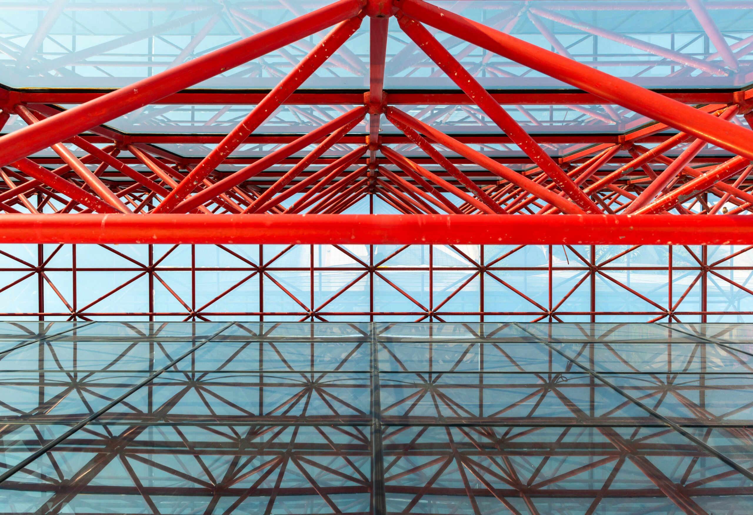 The urban abstract red steel structure of the office building